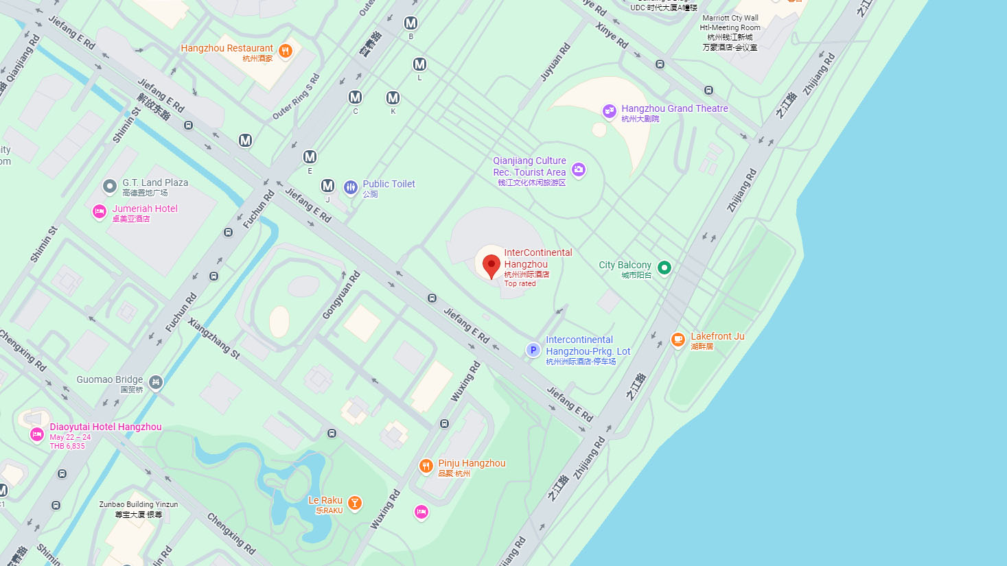 Map showing the InterContinental Hangzhou on East Jie Fang Road beside the Qiantang River